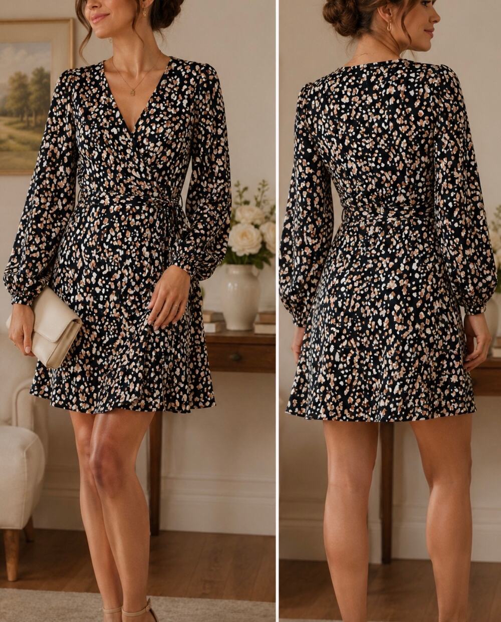Gilli long sleeve mini wrap dress ballon sleeve flowing  romantic fall boho  M